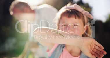 Look at what Ive found. Shot of a young girl discovering bugs in her backyard.