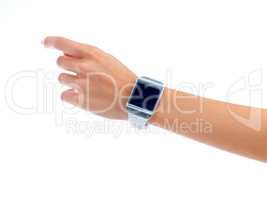 Cropped view of a woman wearing a smartwatch. The commercial product(s) or designs displayed in this image represent simulations of a real product, and are changed or altered enough so that they are free of any copyright infringements. Our team of retouch