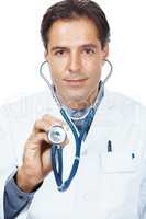 Doctor holding a stethoscope for medical checkup. Portrait of a mature male doctor holding a stethoscope for medical checkup.