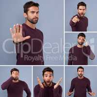 Going through the motions. Composite shot of a young man expressing different types of facial expressions inside of a studio.