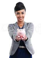 Have you got a savings account. Cropped portrait of a young businesswoman holding a piggybank.