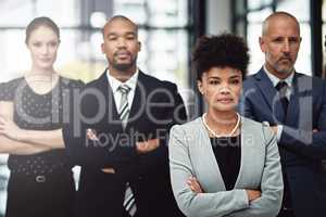 Driven by the executive dream. Shot of a focused businesswoman standing in front of her team at work.