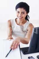 Cute female handing over contract document. Cute female executive handing over contract document to fill up.