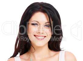 Fresh-faced confidence. Head and shoulders portrait of an attractive brunette woman isolated on white.