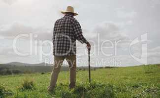 Life on a farm, where less is best. Rearview shot of a man working on a farm.