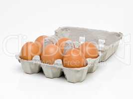 Packed full of protein. Studio shot of half a dozen brown eggs in a carton.