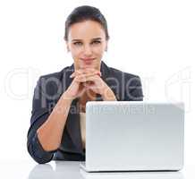 Its my trusted companion. Studio portrait of a young businesswoman and her laptop isolated on white.