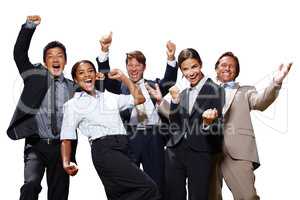 That feeling of success. Shot of a group of business people acting excited with their hands in the air on a white background.