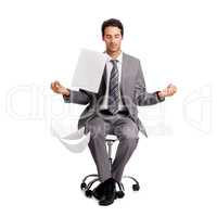 Everythings zen. A zen businessman sitting in the lotus position amidst a swarm of paperwork.