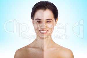 Before and after. Before and after portrait of an attractive young woman - Cross-section.