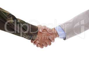 Working together with the government. Closeup studio shot of a soldier shaking hands with a politician.