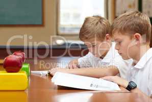 Focused on their studies. Two young schoolboys sitting in class and reading their work.