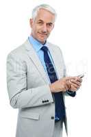 You can reach me anytime you need to. Studio portrait of a mature businessman using a cellphone isolated on white.