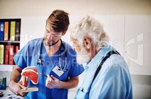 The treatment youre starting is going to combat this area. Shot of a young doctor using a model to explain a diagnosis to his senior patient.