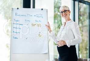 Juggling work and pregnancy with ease. Shot of a pregnant businesswoman using a whiteboard while giving a presentation in an office.