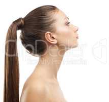 Feminine perfection. Profile of a lovely young woman with luxurious hair.