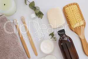 Your body is your most priceless possession, take care of it. Overhead shot of various body care essentials on a white background.