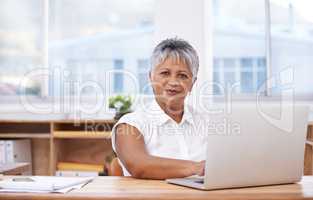 Shes a true professional. Portrait of a mature businesswoman using her laptop while sitting at her desk.
