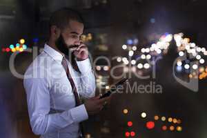 Shot of a businessman talking on his cellphone late at night. Real life businesspeople shot on location. Since these locations are the real thing, and not shot in an office studio, high ISO levels are sometimes needed to catch the moment. The ISO range is