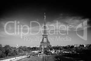 Paris is always a good idea. A black and white image of the Eiffel Tower.
