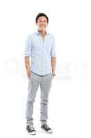 Pulling off the casual look with ease. Studio portrait of a handsome young man posing confidently against a white background.