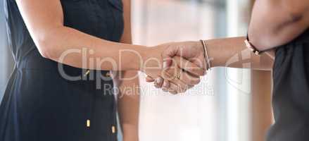 Networking allows you to raise your profile in business. Closeup shot of two unrecognisable businesswomen shaking hands in an office.