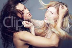 The struggles of an intense relationship. A blonde and brunette female pulling each others hair.