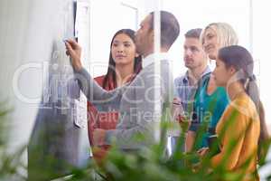 Teamwork will get them to their goal faster. A team of businesspeople drawing up a storyboard on a chalkboard in the office.