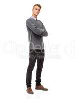 Confidence and presence - Hes got them both. A full length studio shot of a stylishly dressed young man isolated on white.