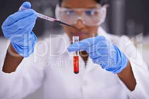Testing blood samples. A front view of a young scientist dropping a substance into a test tube.