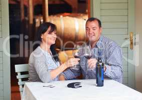 To our future. A happy mature couple toasting with some red wine while sitting at a table on a wine cellar.