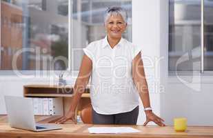 Shes the driving force behind the companys success. Portrait of a mature businesswoman standing behind her office desk.