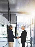 Another successful merger has been made. Cropped shot of two businessmen shaking hands in an office.