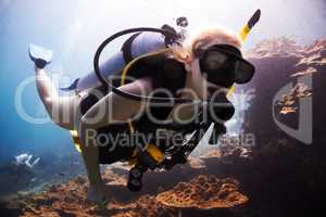 Ocean adventurer. Female scuba diver closely passes over a coral reef.