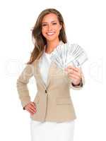That sure was a worthwhile investment. Studio shot of an attractive young businesswoman holding a large sum of money isolated on white.