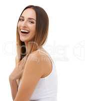She has an infectious laugh. A young woman laughing happily while looking at the camera.