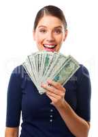 What is the best way to make money. Studio shot of a beautiful young woman holding a big amount of money.