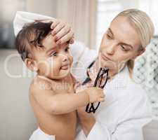 She definitely have a fever. Shot of a paediatrician taking a babys temperature.