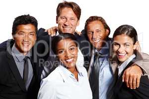 Together their future is bright. Portrait of five business people expressing their close bond on a white background.