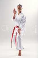 Discipline is at the heart of martial arts. An ethnic woman doing karate.