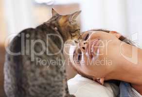 Whos mommys precious. A closeup shot of a affectionate female owner and her cat.