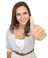 I whole-heartedly support you. Studio portrait of a young woman giving thumbs up to the camera isolated on white.