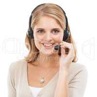 Im glad to have been a help. Studio portrait of an attractive young woman talking on a headset isolated on white.