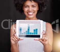 The numbers dont lie. Portrait of a smiling young business owner holding up a tablet displaying graphs.