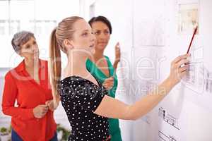 Pointing out the important features of her plans. Shot of a group of female architects working together on a project.