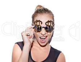 Bring your own bling. Portrait of an unconventional blonde woman wearing bling sunglasses.