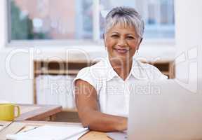 Shes the driving force behind the companys success. Portrait of a mature businesswoman using her laptop while sitting at her desk.