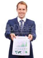 Business is up. A businessman showing a document relating to business statistics.