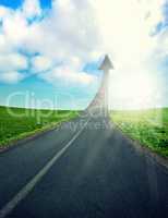 All roads lead to this. CGI shot of a road turning into an arrow pointing up to the sky.
