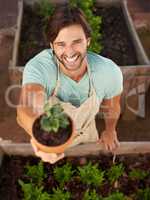 Save our earth - plant something today. A handsome man wearing an apron offering you a pot plant in his nursery.